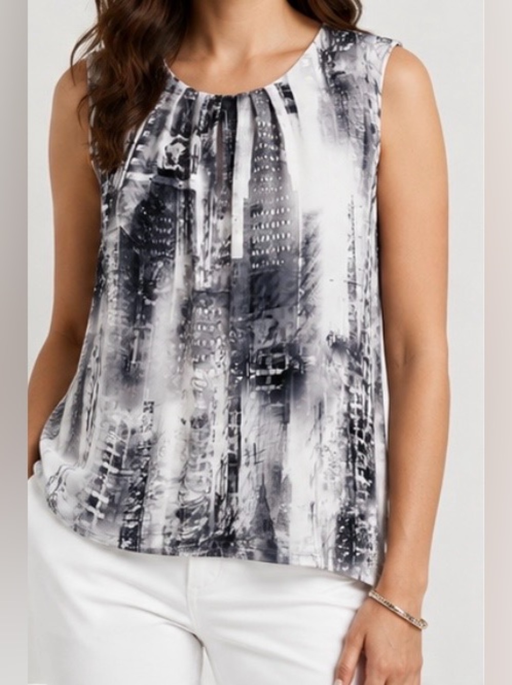 DKNY NWT XL Black White Cityscape Print Sleeveless Pleated Blouse Top